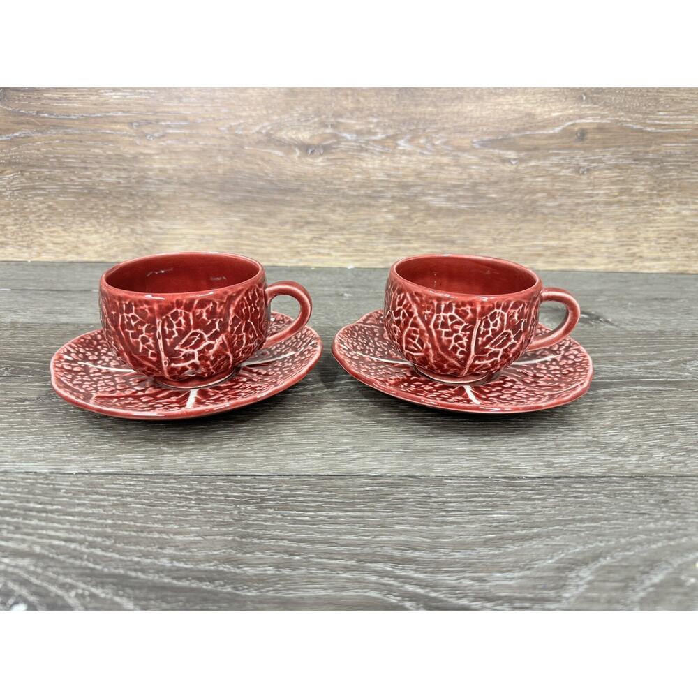 1950s Secla Majolica Portugal Secla Deep Red Cabbage Leaf Cup & Saucer Set Of 2